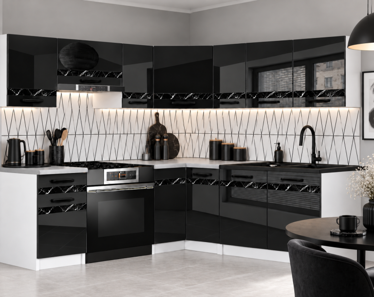 Küchenmöbel Prestige 360 cm Schwarz Hochglanz mit Arbeitsplatte Hersteller INF P Pablo/0/WT/B/0/A1/CS