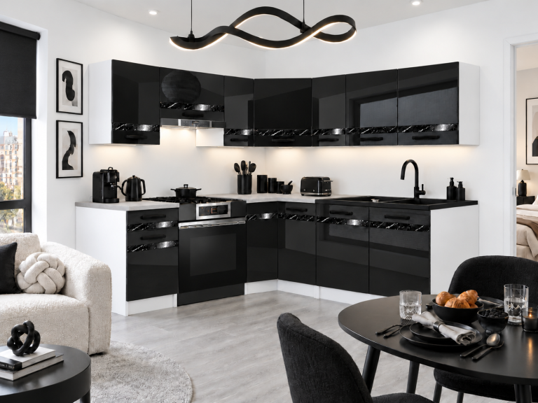 Küchenmöbel Prestige 360 cm Schwarz Hochglanz mit Arbeitsplatte Hersteller INF P Pablo/0/WT/B/0/A1/CS