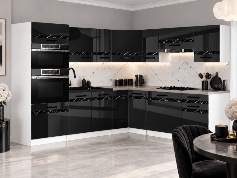 Küchenmöbel Prestige 420 cm Schwarz Hochglanz mit Arbeitsplatte Hersteller INF P Diego/0/WT/B/0/A1/CS