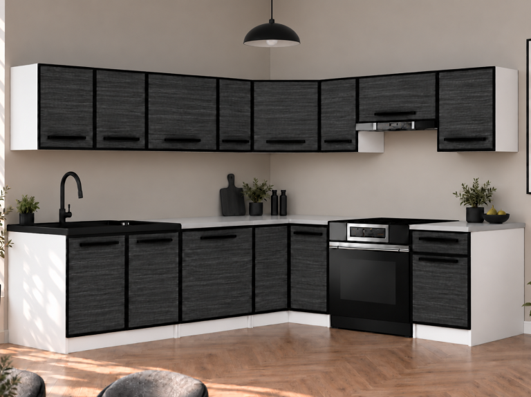 Küchenmöbel Linea 420 cm Königsebenholz ohne Arbeitsplatte Hersteller TOR L Gustav/0/WT/HK/BB/0