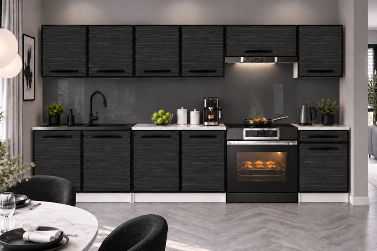 Küchenmöbel Linea 260 cm Königsebenholz ohne Arbeitsplatte Hersteller TOR L Frida/0/WT/HK/BB/A1