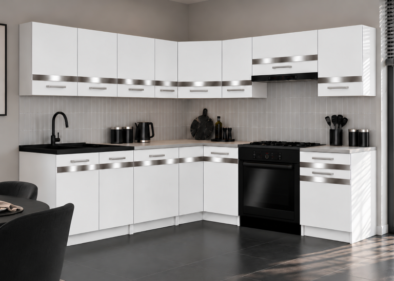 Meble kuchenne Prestige 420 cm biały mat bez blatu Producent TOR P Gustav/0/WT/WT/BB/C1/SL