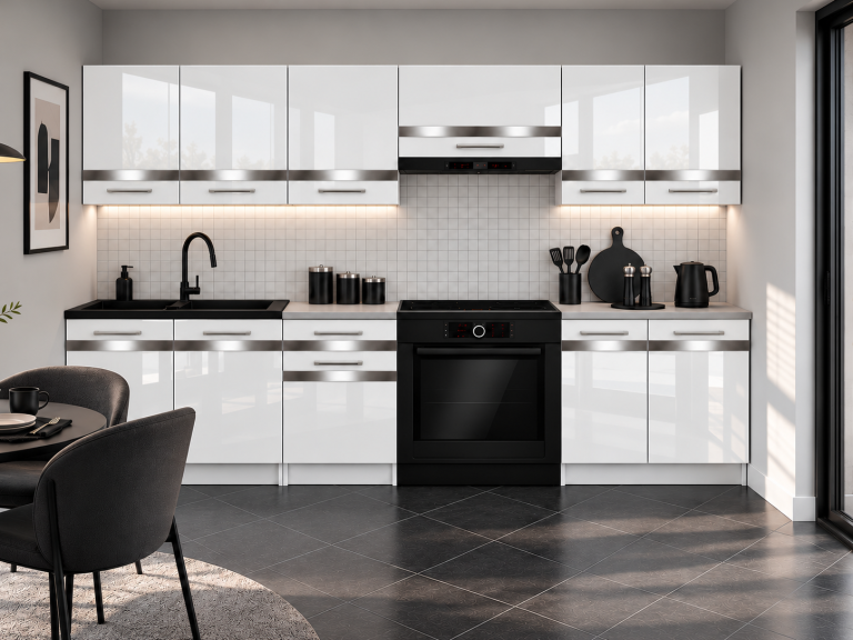 Meble kuchenne Prestige 240 cm biały połysk bez blatu Producent INF P Salvador/0/WT/W/BB/C1/SL