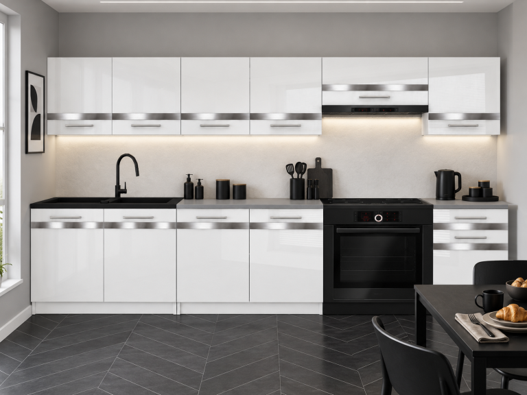 Küchenmöbel Prestige 260 cm Weiß Hochglanz mit Arbeitsplatte Hersteller INF P Frida/0/WT/W/0/0/SL