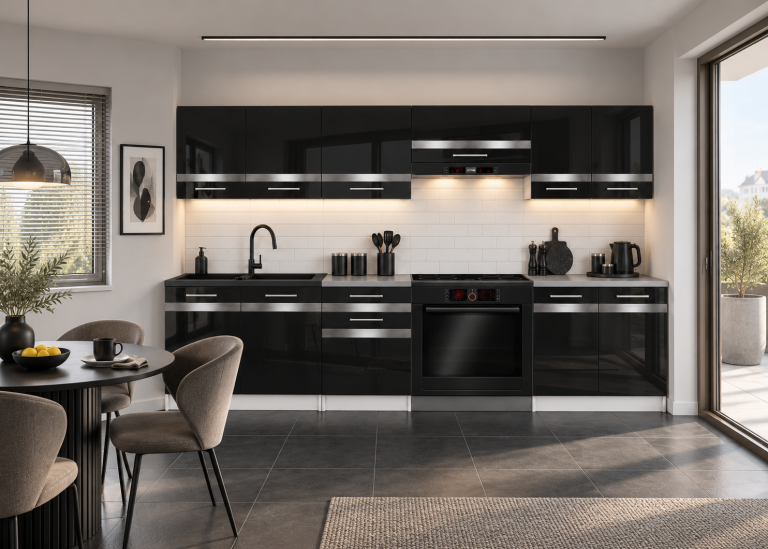 Meble kuchenne Prestige 240 cm czarny połysk z blatem Producent INF P Salvador/0/WT/B/0/0/SL