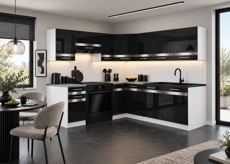 Küchenmöbel Prestige 360 cm Schwarz Hochglanz mit Arbeitsplatte Hersteller INF P Pablo/0/WT/B/0/C1/SL