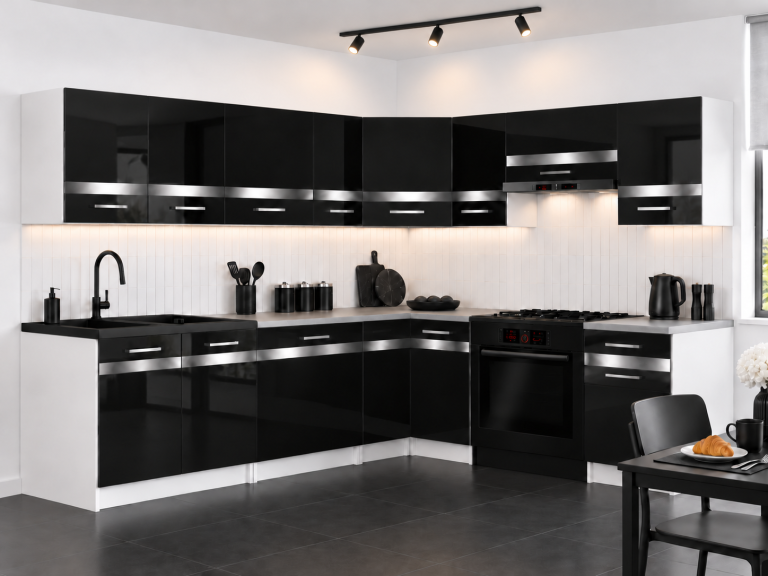 Küchenmöbel Prestige 420 cm Schwarz Hochglanz mit Arbeitsplatte Hersteller INF P Gustav/0/WT/B/0/0/SL
