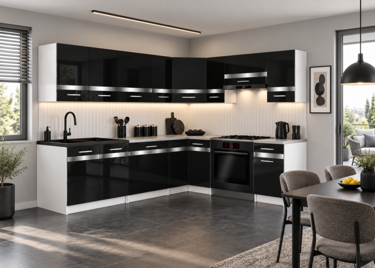 Küchenmöbel Prestige 420 cm Schwarz Hochglanz mit Arbeitsplatte Hersteller INF P Gustav/0/WT/B/0/0/SL