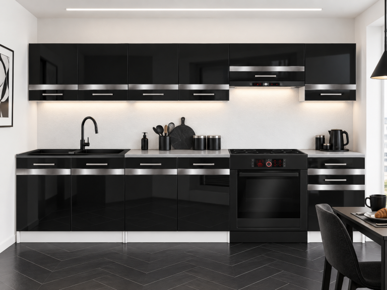 Meble kuchenne Prestige 260 cm czarny połysk bez blatu Producent INF P Frida/0/WT/B/BB/0/SL