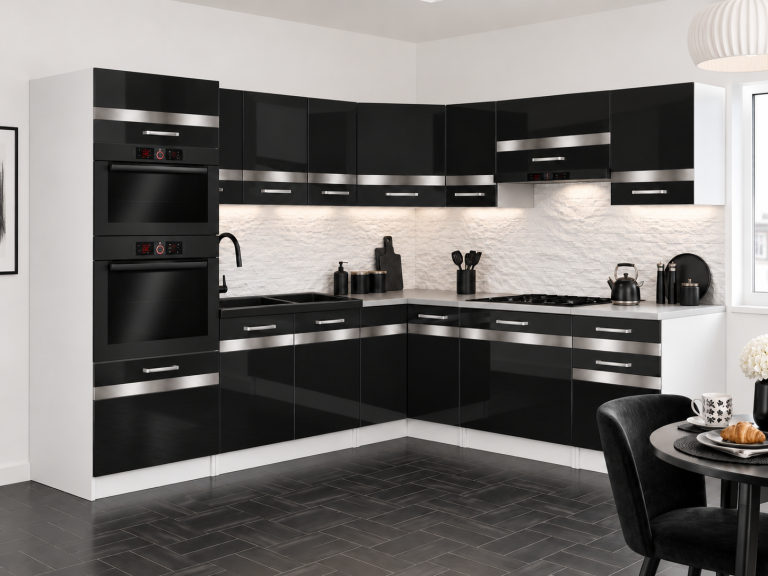 Küchenmöbel Prestige 420 cm Schwarz Hochglanz mit Arbeitsplatte Hersteller INF P Diego/0/WT/B/0/C1/SL