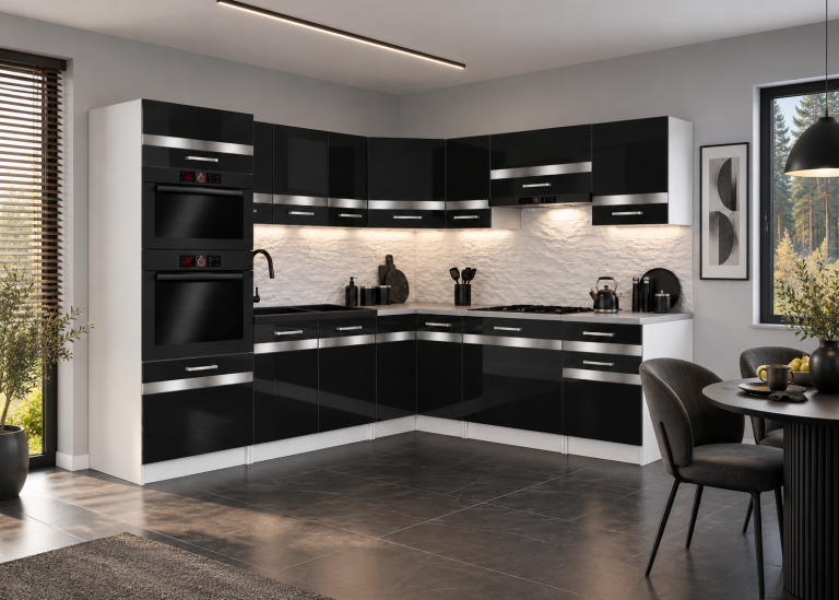 Küchenmöbel Prestige 420 cm Schwarz Hochglanz mit Arbeitsplatte Hersteller INF P Diego/0/WT/B/0/C1/SL