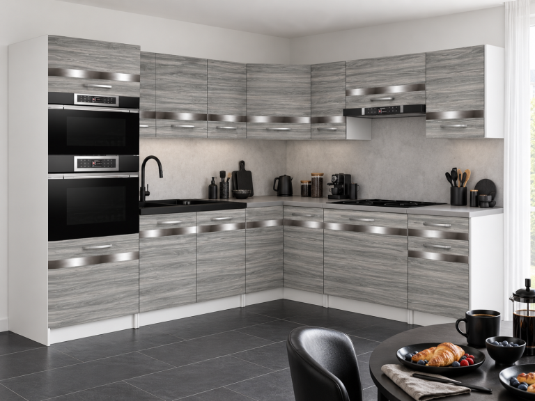 Meble kuchenne Prestige 420 cm glamour wood bez blatu Producent TOR P Diego/0/WT/GW1/BB/C1/SL