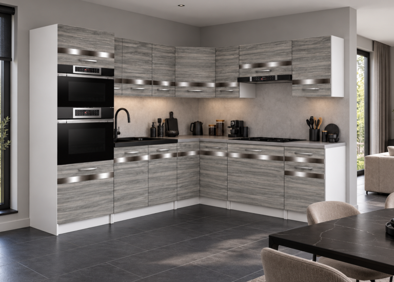 Meble kuchenne Prestige 420 cm glamour wood bez blatu Producent TOR P Diego/0/WT/GW1/BB/C1/SL