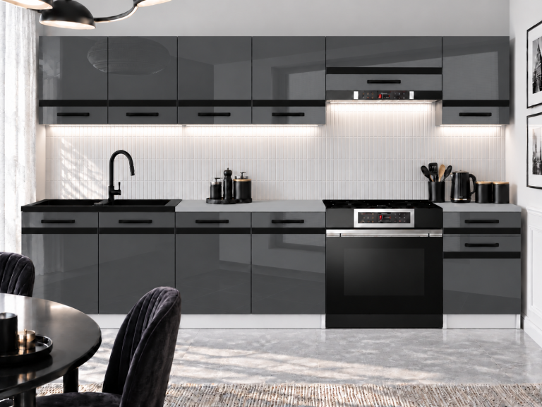 Küchenmöbel Prestige 260 cm Grau Hochglanz ohne Arbeitsplatte Hersteller INF P Frida/0/WT/S/BB/0/CM